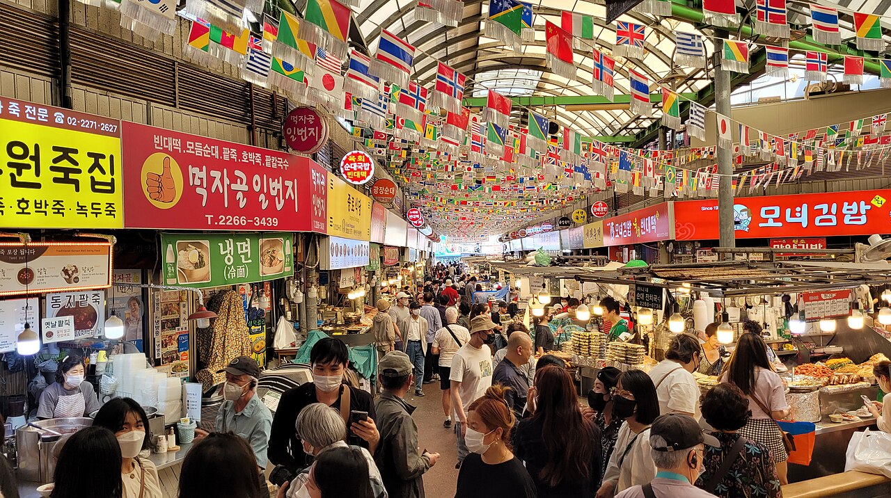 Food stalls inside Gwangjang Market, Seoul