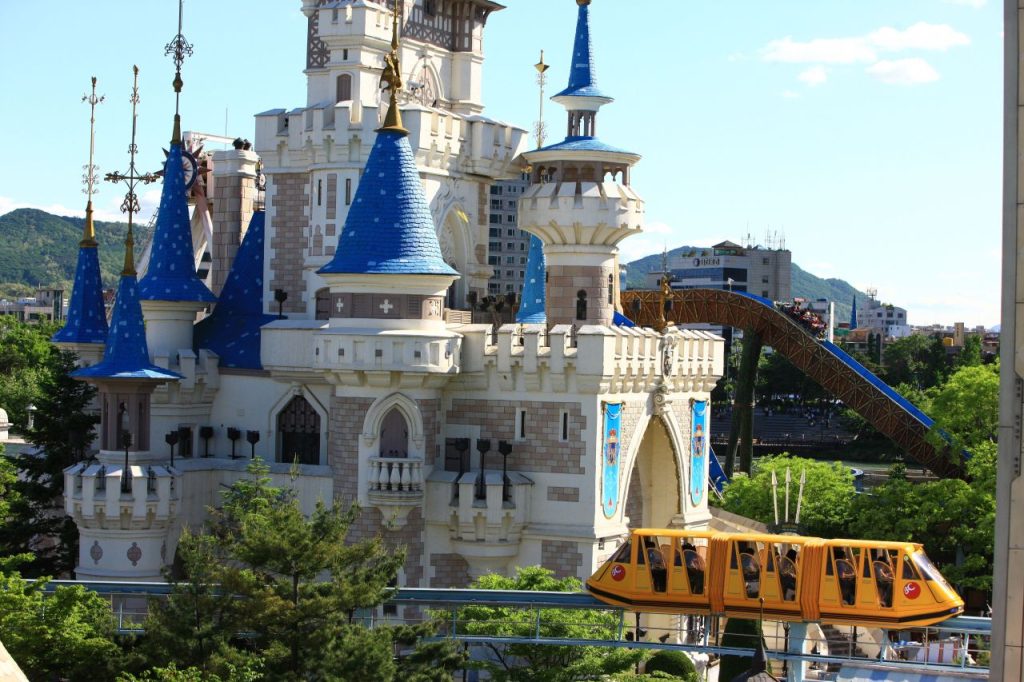 Lotte World Magic Island fairytale castle with monorail and coaster, Jamsil Seoul