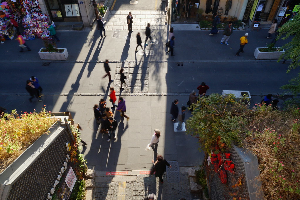 Insadong-gil pedestrian street in Seoul seen from above