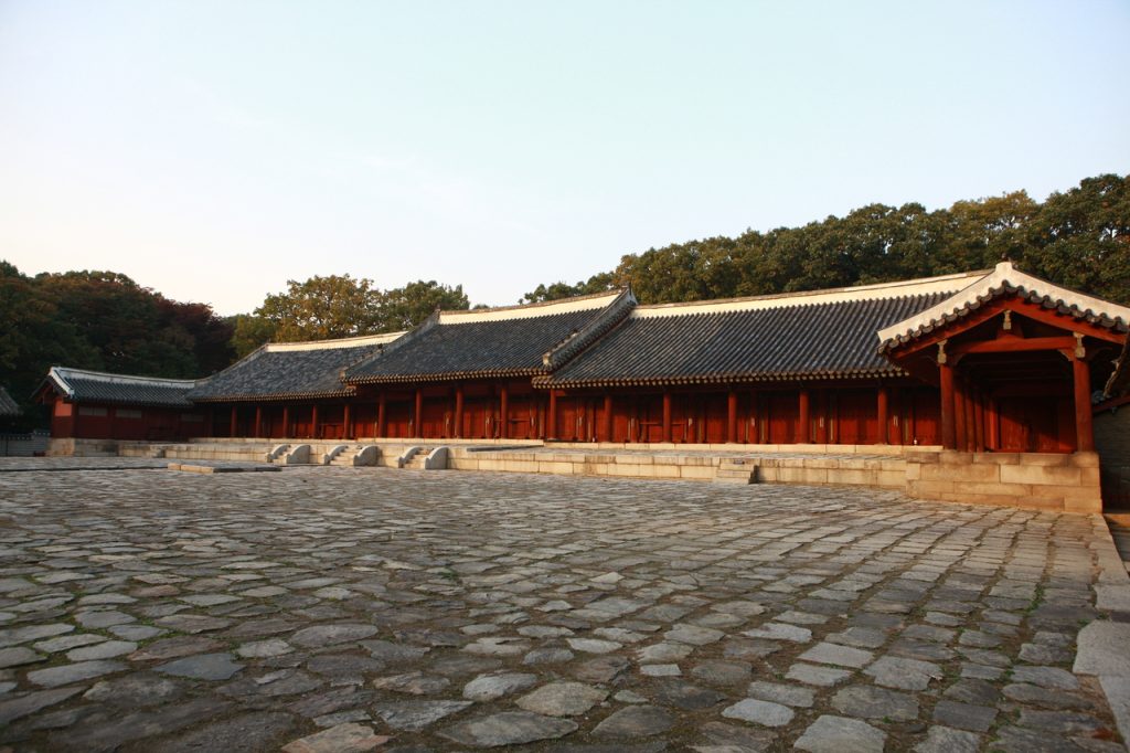 Jongmyo Shrine Jeongjeon hall at golden hour, Seoul