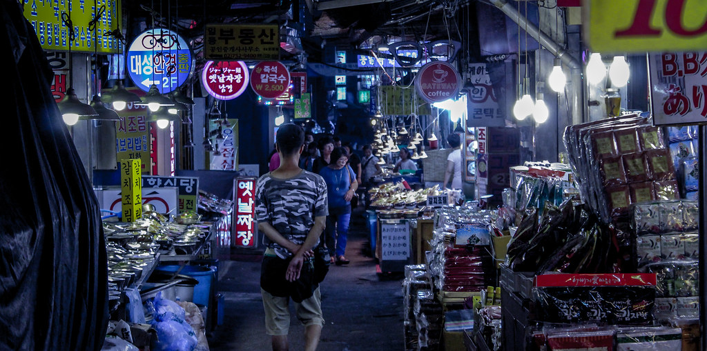 Evening food alley at Namdaemun Market in Seoul