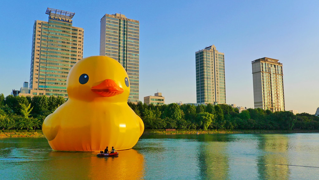 Giant Rubber Duck floating art installation on Seokchon Lake, Seoul