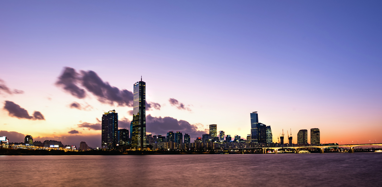 Yeouido skyline and Han River at sunset with 63 Square