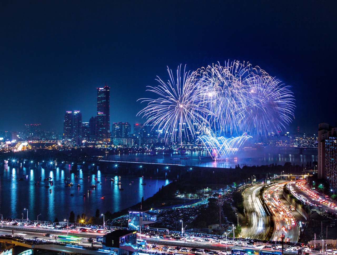 Fireworks over the Han River beside 63 Square, Seoul