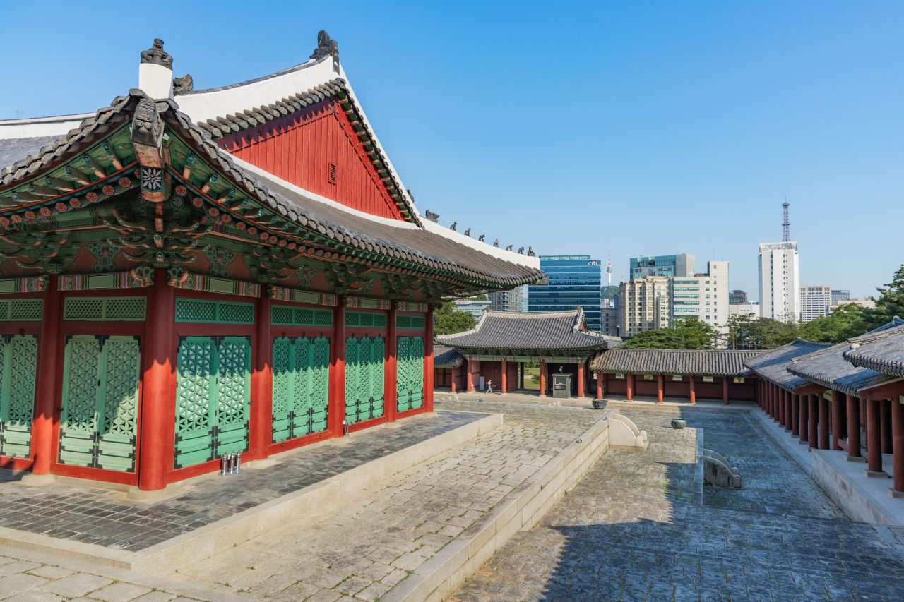 Colorful dancheong eaves and empty grounds at Gyeonghuigung Palace, Seoul