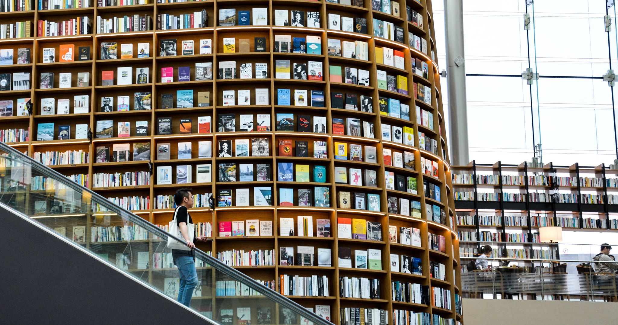 Close-up of Starfield Library curved bookshelves, COEX Mall
