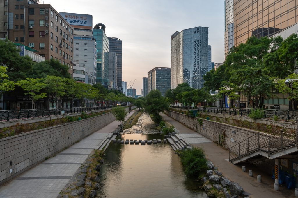 Cheonggyecheon stream at sunrise with trees in downtown Seoul