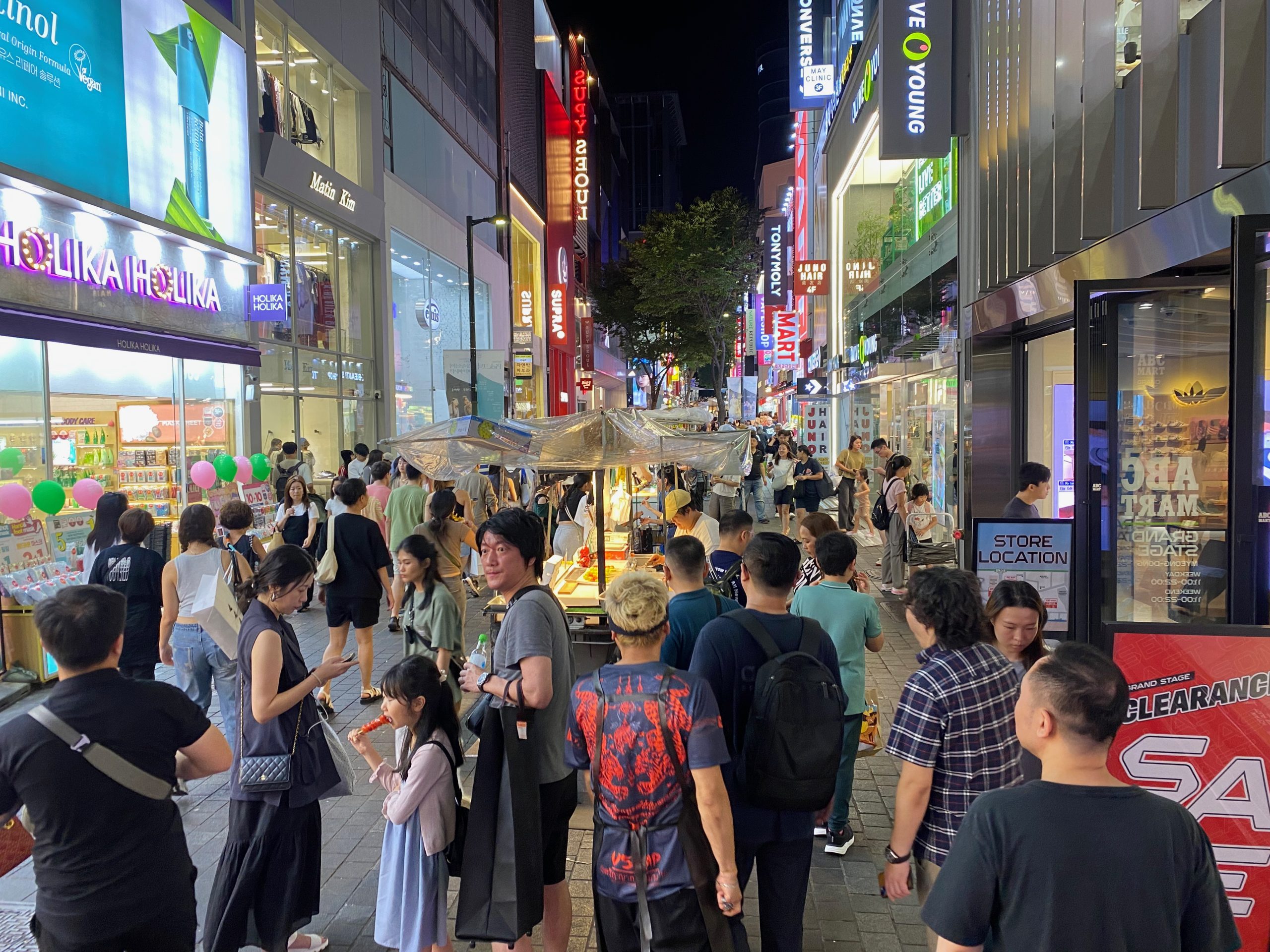 Myeongdong street food stalls at the night market in Seoul
