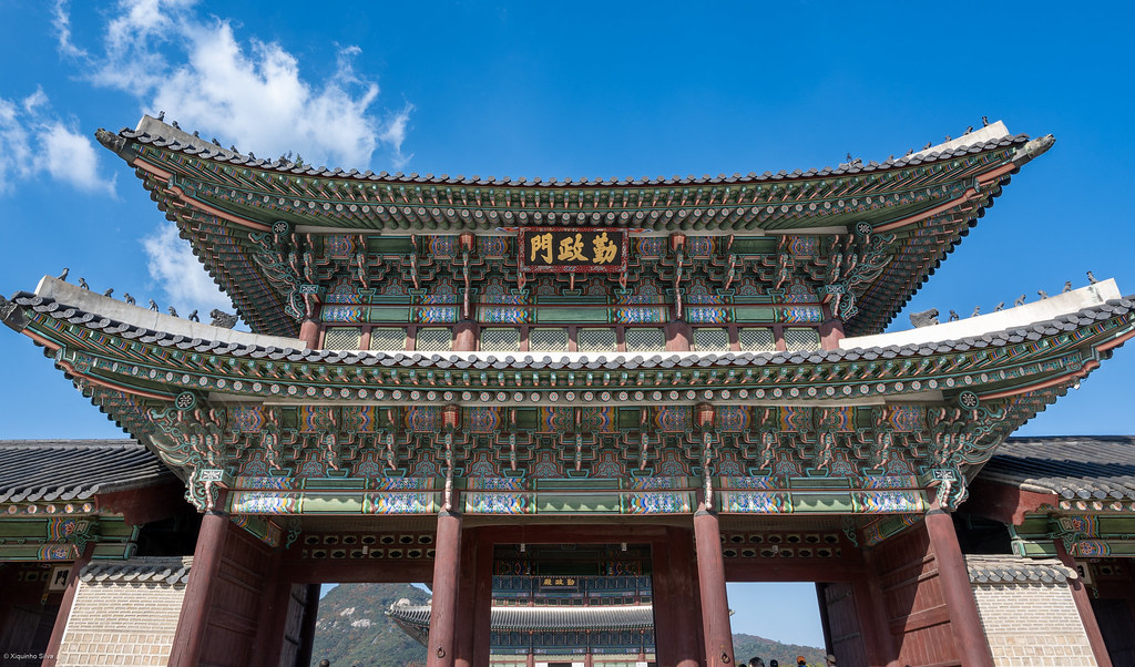 Painted dancheong eaves and signage of Geunjeongmun gate at Gyeongbokgung, Seoul