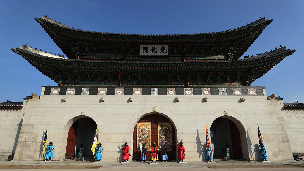 Gwanghwamun, the main gate of Gyeongbokgung, with royal guards lined up, Seoul