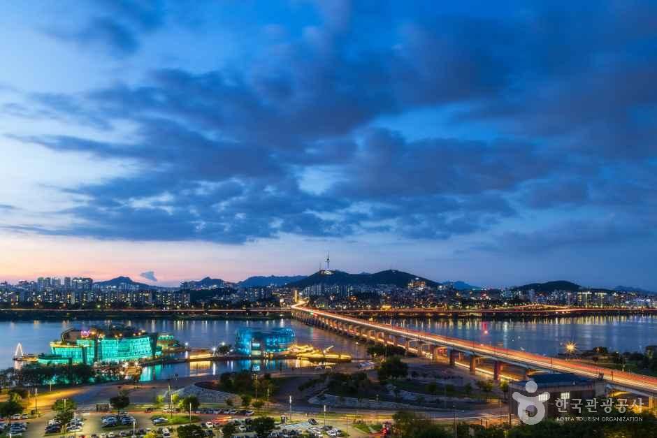 Seoul night skyline with N Seoul Tower on Namsan over the Han River