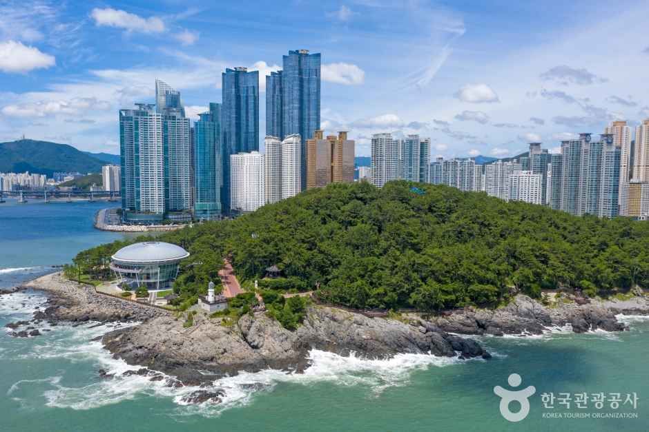 Dongbaekseom Island and Nurimaru APEC House at the west end of Haeundae Beach