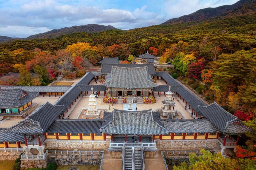 Aerial view of Bulguksa Temple in autumn with mountains, Gyeongju