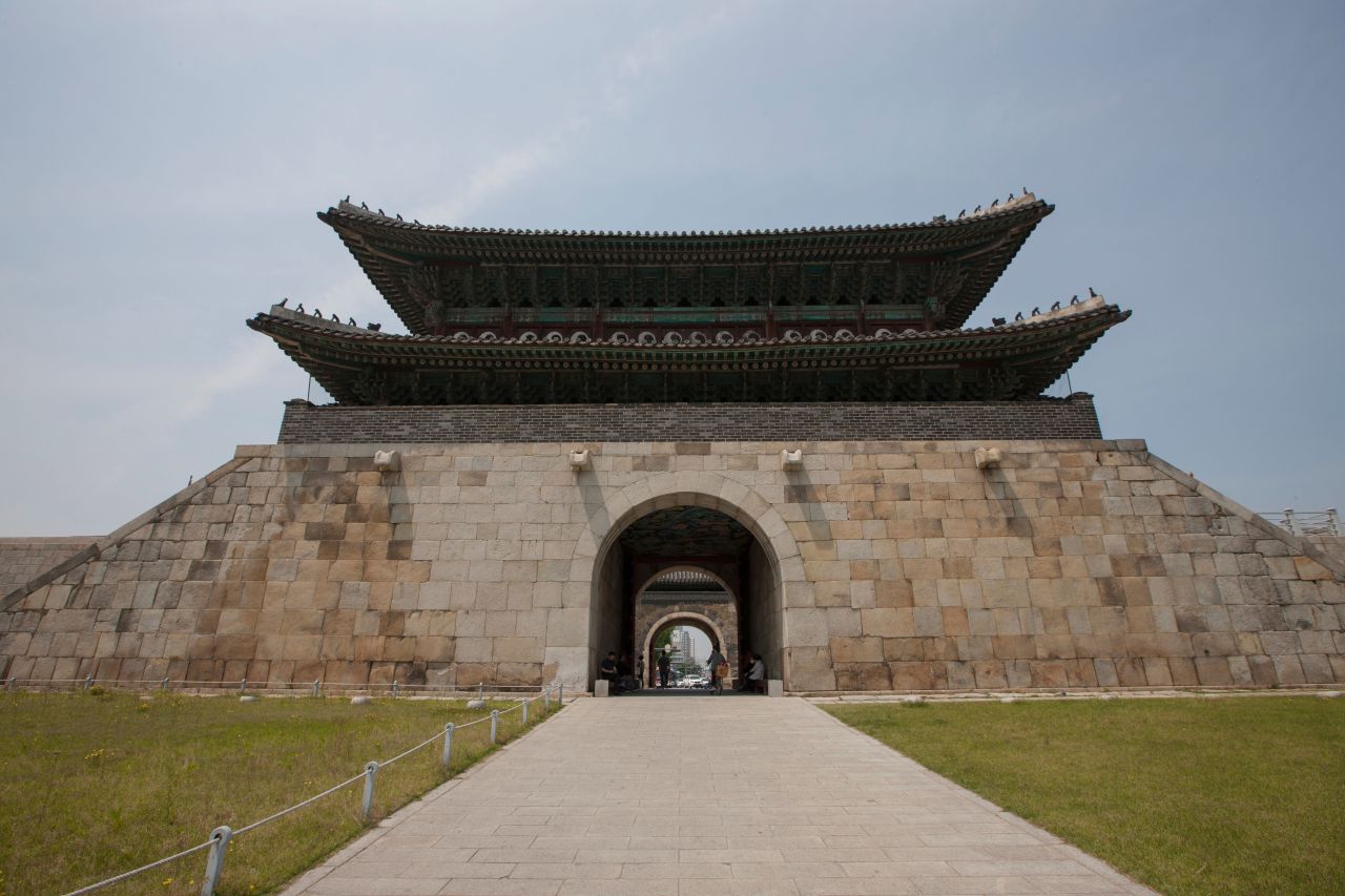 A grand two-story stone gate of Hwaseong Fortress in Suwon