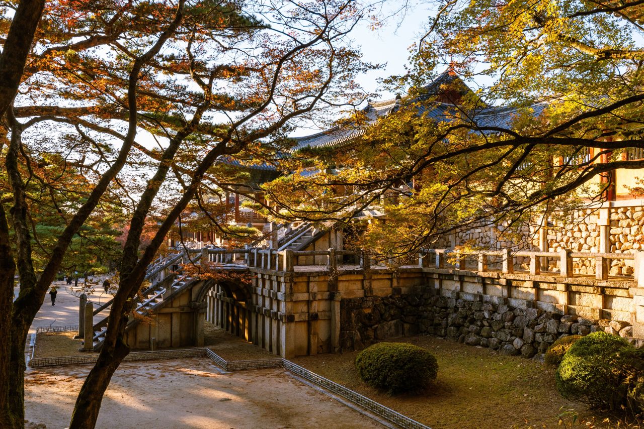 Bulguksa Temple stone arched staircase-bridge in autumn light