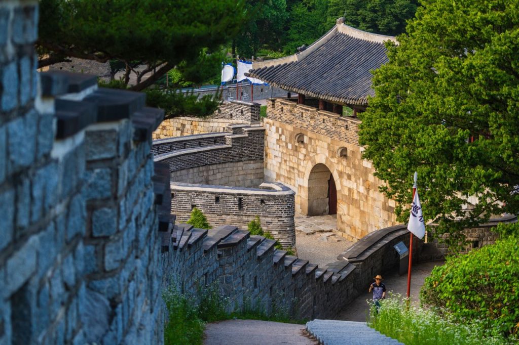 Stone gate and winding wall of Hwaseong Fortress in Suwon, Korea