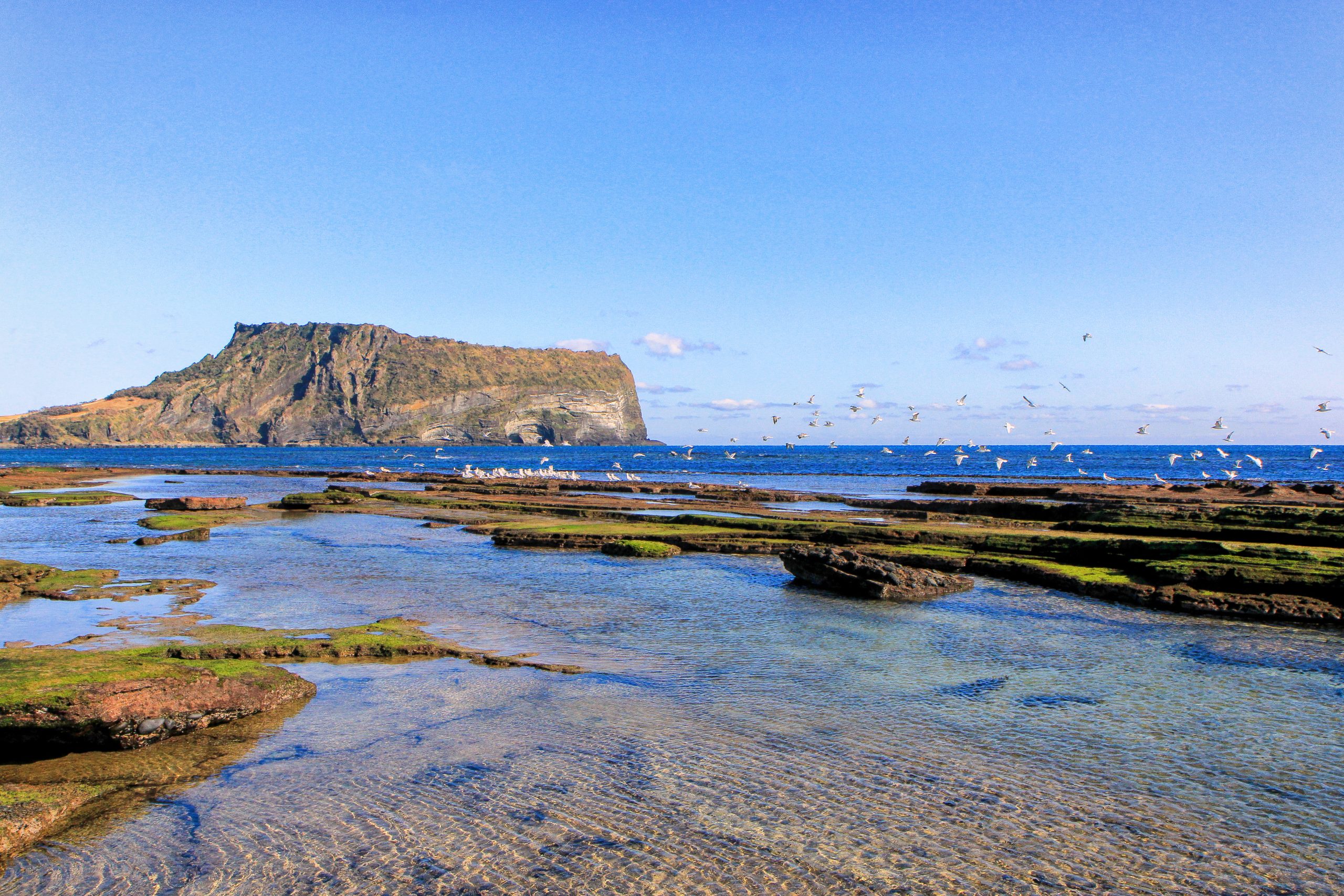 Seongsan Ilchulbong seen across the tidal flats from the Jeju coast