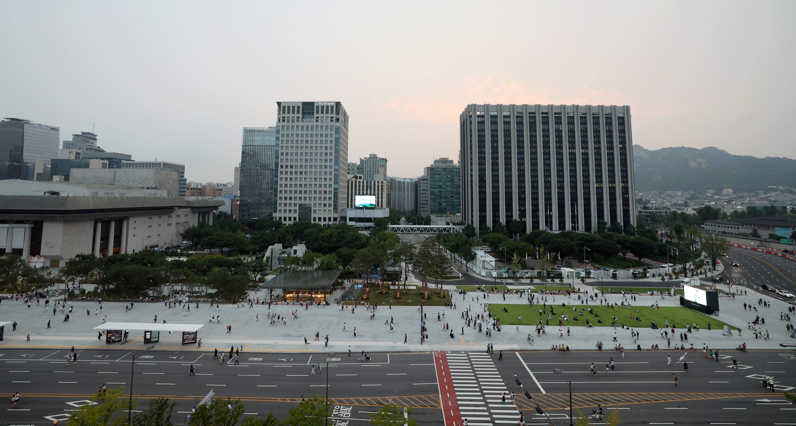 The redesigned wide plaza and lawn at Gwanghwamun Square, Seoul