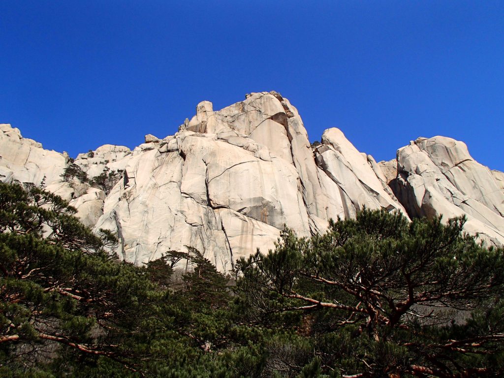 Ulsanbawi granite rock wall against blue sky in Seoraksan National Park