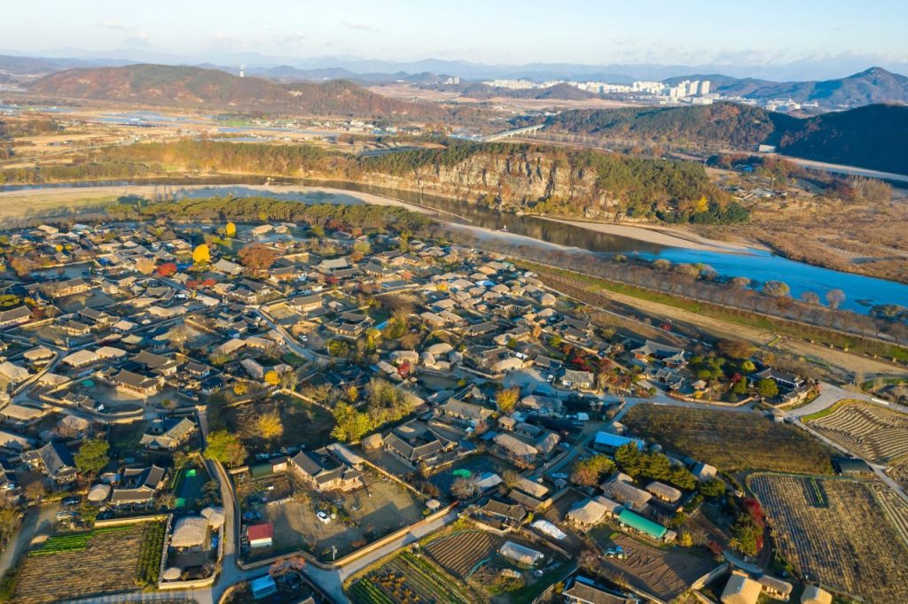 Aerial view of Hahoe Folk Village inside the Nakdong River bend with Buyongdae cliff