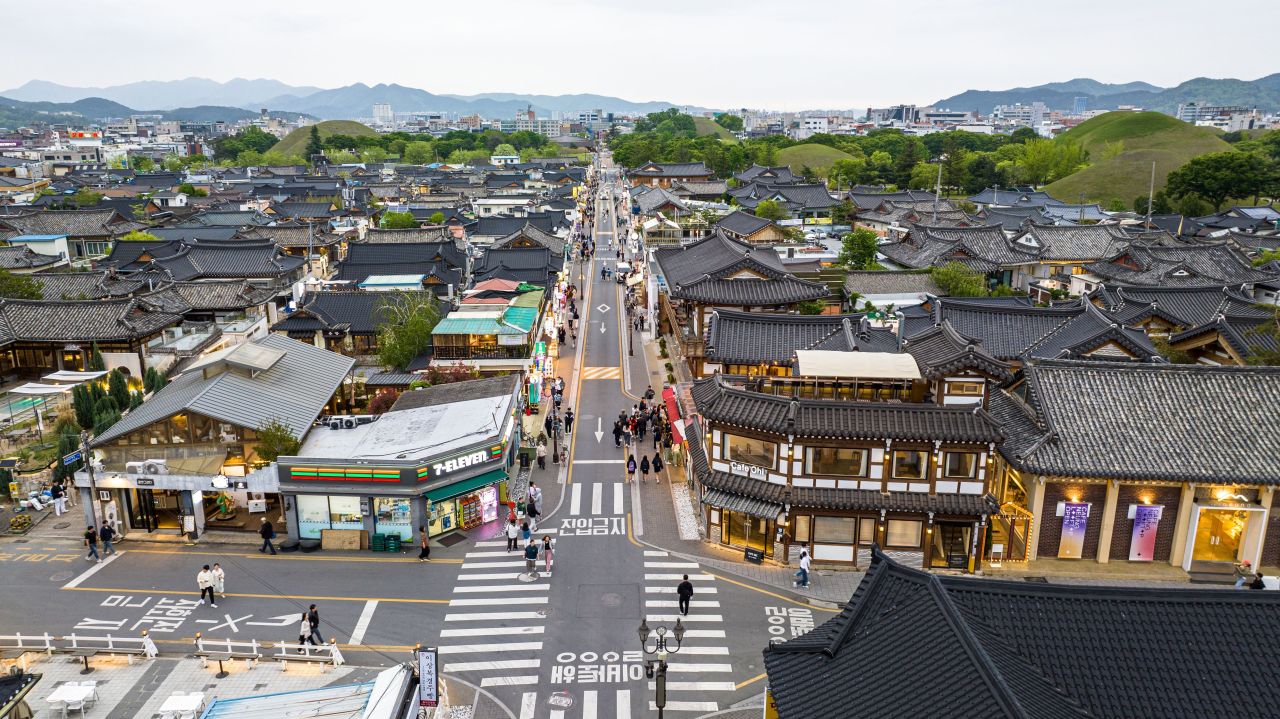 Hwangnidan-gil hanok rooftops beside Daereungwon in Gyeongju